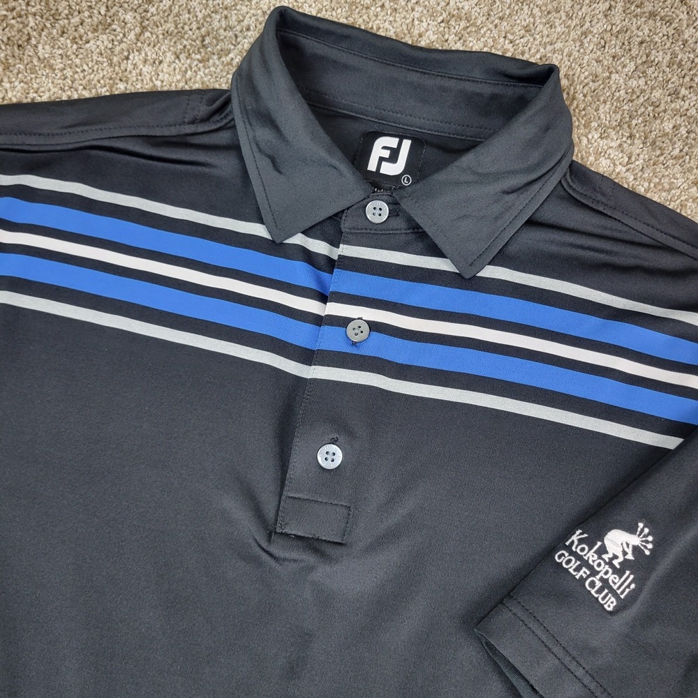 FootJoy Mens Large Black Blue Striped Performance Stretch Golf Polo Short Sleeve